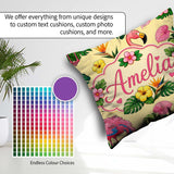 Custom Name Tropical Flamingo Hibiscus Flowers and Leaves Yellow Square Filled Cushion Throw Pillow Sofa Bed Home Decor Zip Washable UK Made