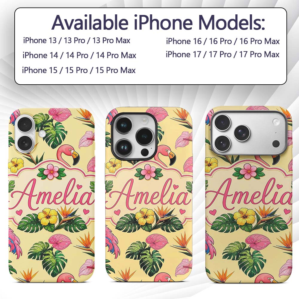 Tropical Flamingo with Hibiscus Printed Design Custom Name Protective Phone Case Mobile Cover Durable Everyday Smartphone Shock Resistant