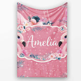 Pink Flamingo Tropical Flowers Sparkle Fantasy Seamless Pattern  Personalised Custom Name Super Soft Fleece Blanket Bed Sofa Throw
