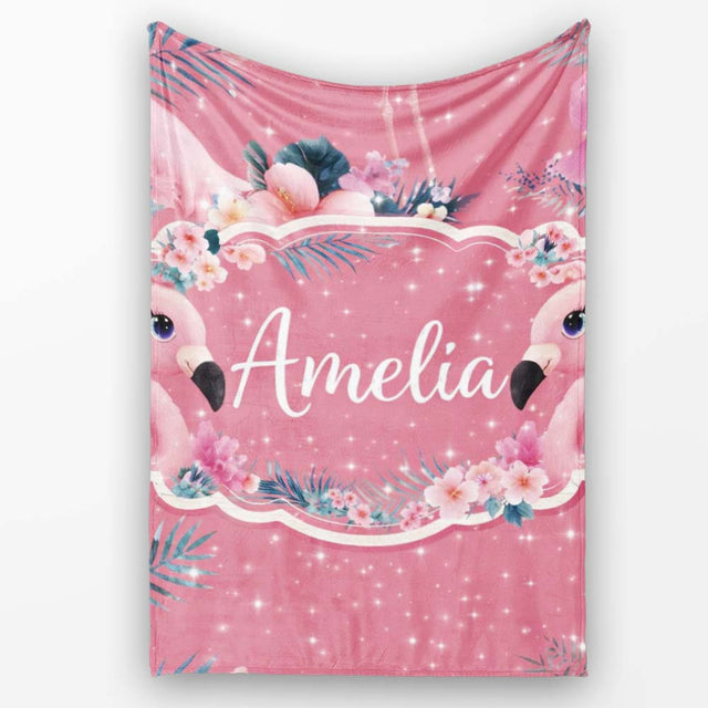 Pink Flamingo Tropical Flowers Sparkle Fantasy Seamless Pattern  Personalised Custom Name Super Soft Fleece Blanket Bed Sofa Throw