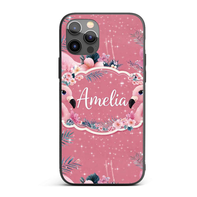 Pink Flamingo Tropical Flowers Sparkle Fantasy Custom Name Protective Phone Case Mobile Cover Durable Everyday Smartphone Shock Resistant