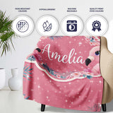 Pink Flamingo Tropical Flowers Sparkle Fantasy Seamless Pattern  Personalised Custom Name Super Soft Fleece Blanket Bed Sofa Throw