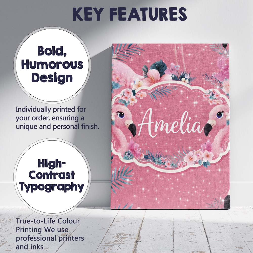 Personalised Name Pink Flamingo Tropical Custom  Unique Gift Idea Elegant Feature Canvas Wall Art Print Decor Picture Ready to Hang