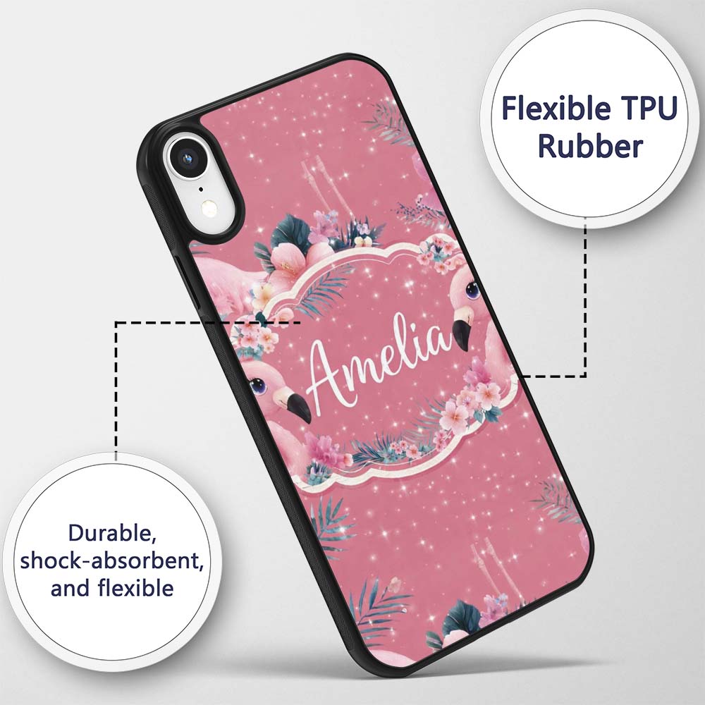 Pink Flamingo Tropical Flowers Sparkle Fantasy Custom Name Protective Phone Case Mobile Cover Durable Everyday Smartphone Shock Resistant