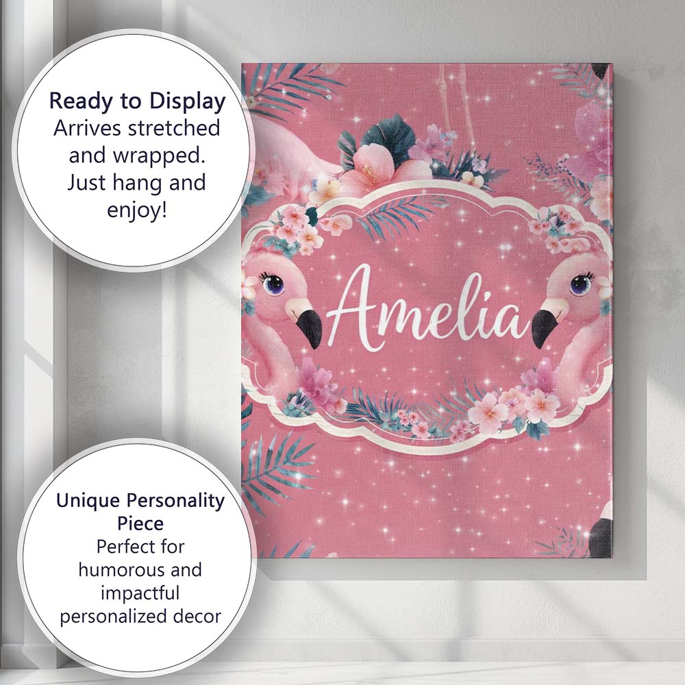 Personalised Name Pink Flamingo Tropical Custom  Unique Gift Idea Elegant Feature Canvas Wall Art Print Decor Picture Ready to Hang