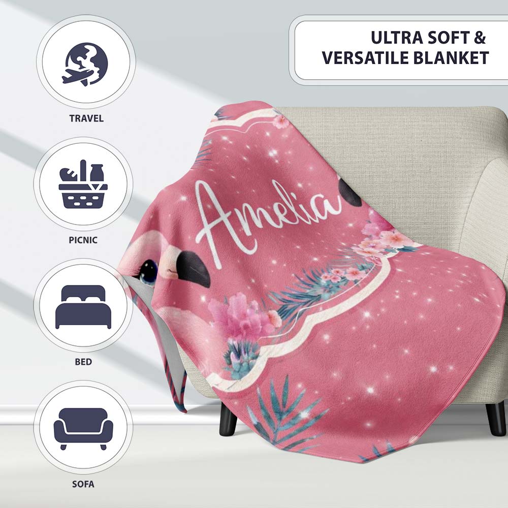 Pink Flamingo Tropical Flowers Sparkle Fantasy Seamless Pattern  Personalised Custom Name Super Soft Fleece Blanket Bed Sofa Throw
