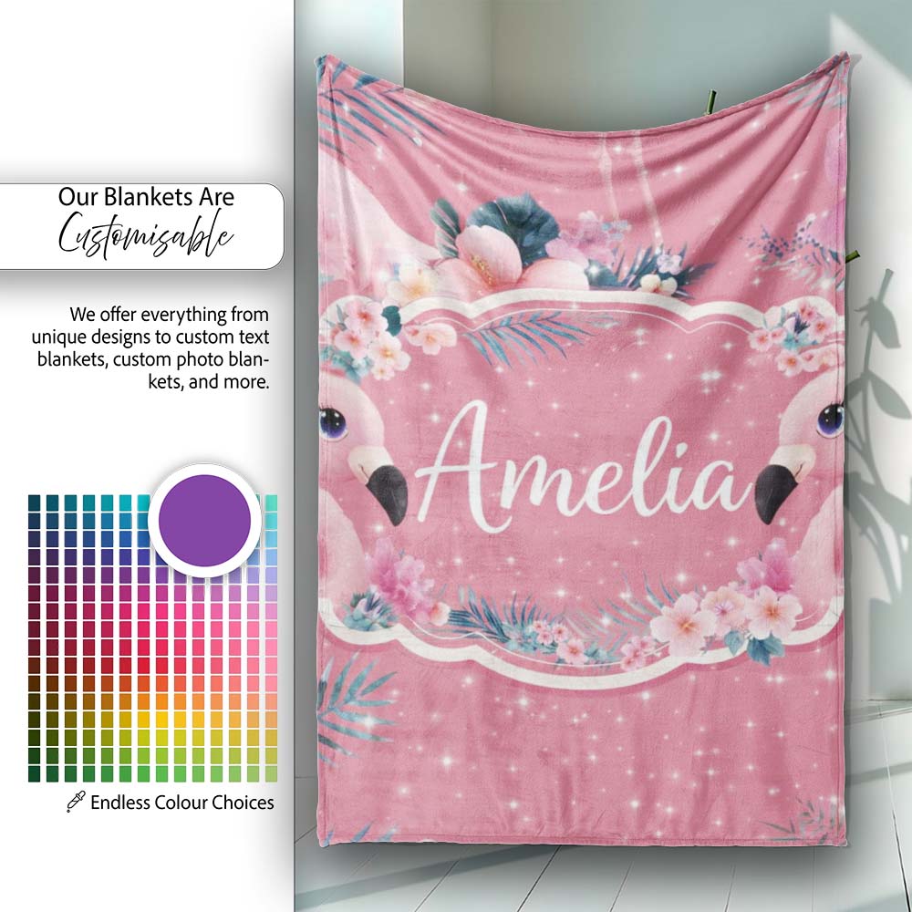 Pink Flamingo Tropical Flowers Sparkle Fantasy Seamless Pattern  Personalised Custom Name Super Soft Fleece Blanket Bed Sofa Throw