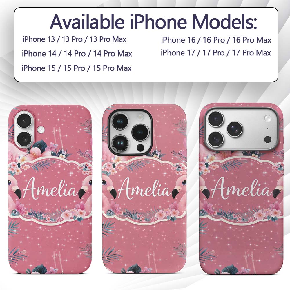 Pink Flamingo Tropical Flowers Sparkle Fantasy Custom Name Protective Phone Case Mobile Cover Durable Everyday Smartphone Shock Resistant