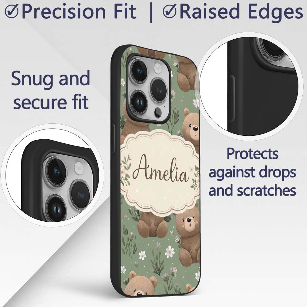Cute Teddy Bears with Floral Elements Seamless Custom Name Protective Phone Case Mobile Cover Durable Everyday Smartphone Shock Resistant