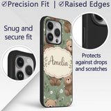 Cute Teddy Bears with Floral Elements Seamless Custom Name Protective Phone Case Mobile Cover Durable Everyday Smartphone Shock Resistant