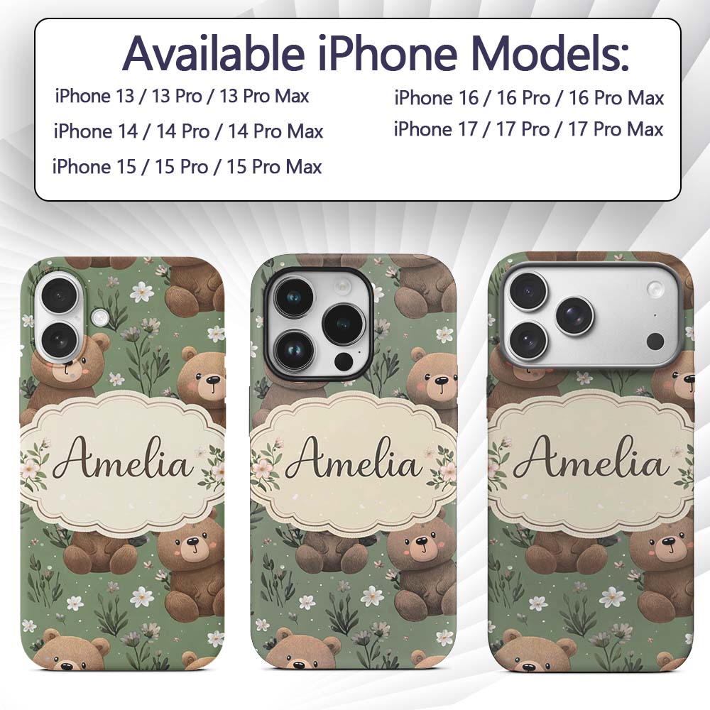 Cute Teddy Bears with Floral Elements Seamless Custom Name Protective Phone Case Mobile Cover Durable Everyday Smartphone Shock Resistant