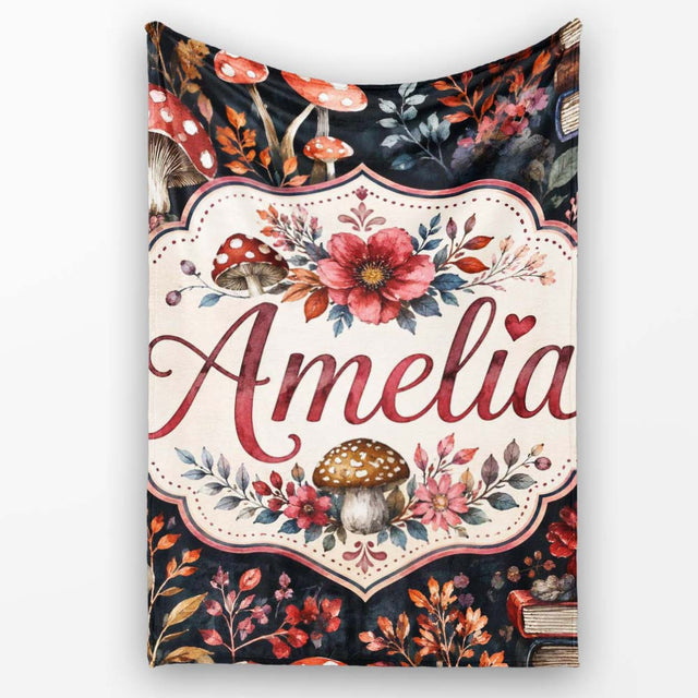 Vintage Mushrooms Books and Floral Dark Botanical Seamless Pattern  Personalised Custom Name Super Soft Fleece Blanket Bed Sofa Throw