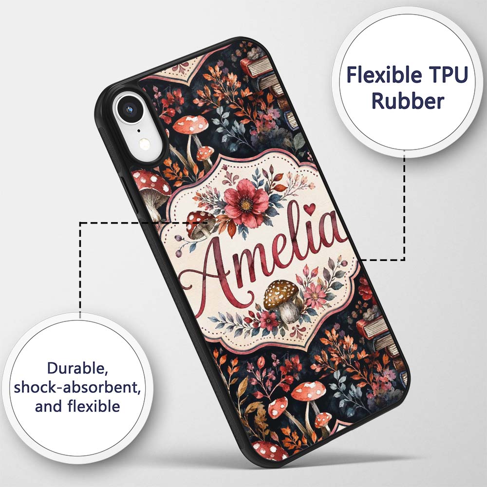 Vintage Mushrooms Books and Floral Dark Botanical Custom Name Protective Phone Case Mobile Cover Durable Everyday Smartphone Shock Resistant
