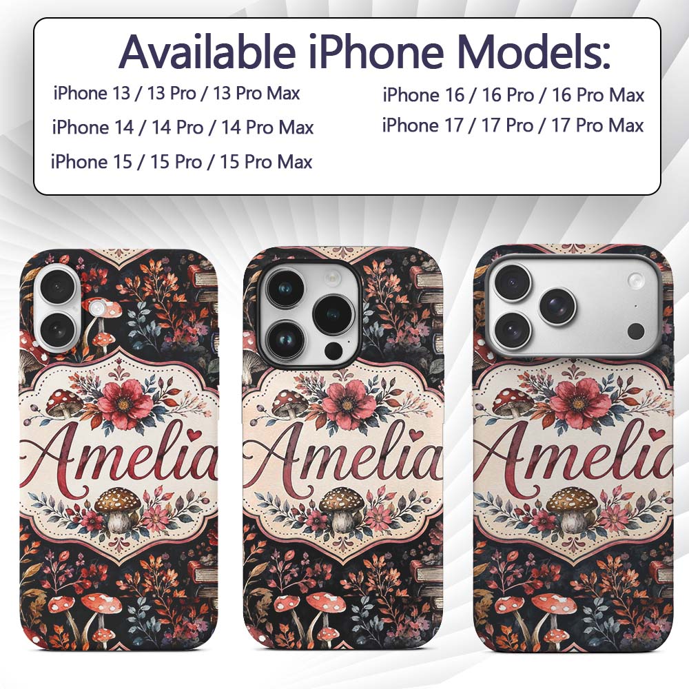 Vintage Mushrooms Books and Floral Dark Botanical Custom Name Protective Phone Case Mobile Cover Durable Everyday Smartphone Shock Resistant