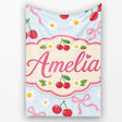 Cute Cherries Daisies and Bows Pastel Seamless Pattern Blue Lovely  Personalised Custom Name Super Soft Fleece Blanket Bed Sofa Throw