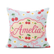 Custom Name Cute Cherries Daisies and Bows Seamless Pattern Blue Square Filled Cushion Throw Pillow Sofa Bed Home Decor Zip Washable UK Made
