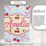 Cute Cherries Daisies and Bows Pastel Seamless Pattern Blue Lovely  Personalised Custom Name Super Soft Fleece Blanket Bed Sofa Throw