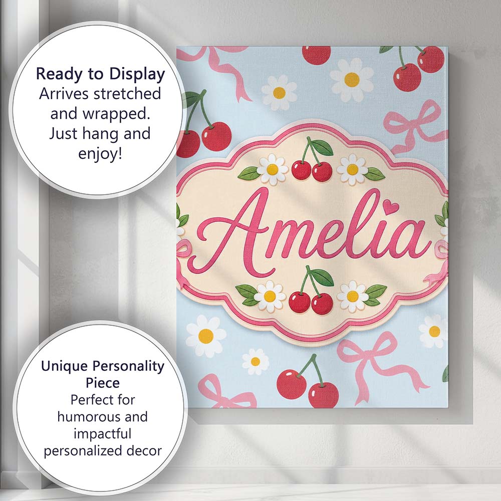 Personalised Name Cute Cherries Daisies and Custom  Bespoke Interior Contemporary Canvas Wall Art Print Decor Picture Ready to Hang