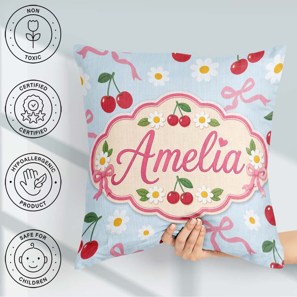 Custom Name Cute Cherries Daisies and Bows Seamless Pattern Blue Square Filled Cushion Throw Pillow Sofa Bed Home Decor Zip Washable UK Made