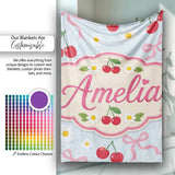 Cute Cherries Daisies and Bows Pastel Seamless Pattern Blue Lovely  Personalised Custom Name Super Soft Fleece Blanket Bed Sofa Throw
