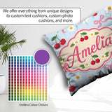 Custom Name Cute Cherries Daisies and Bows Seamless Pattern Blue Square Filled Cushion Throw Pillow Sofa Bed Home Decor Zip Washable UK Made