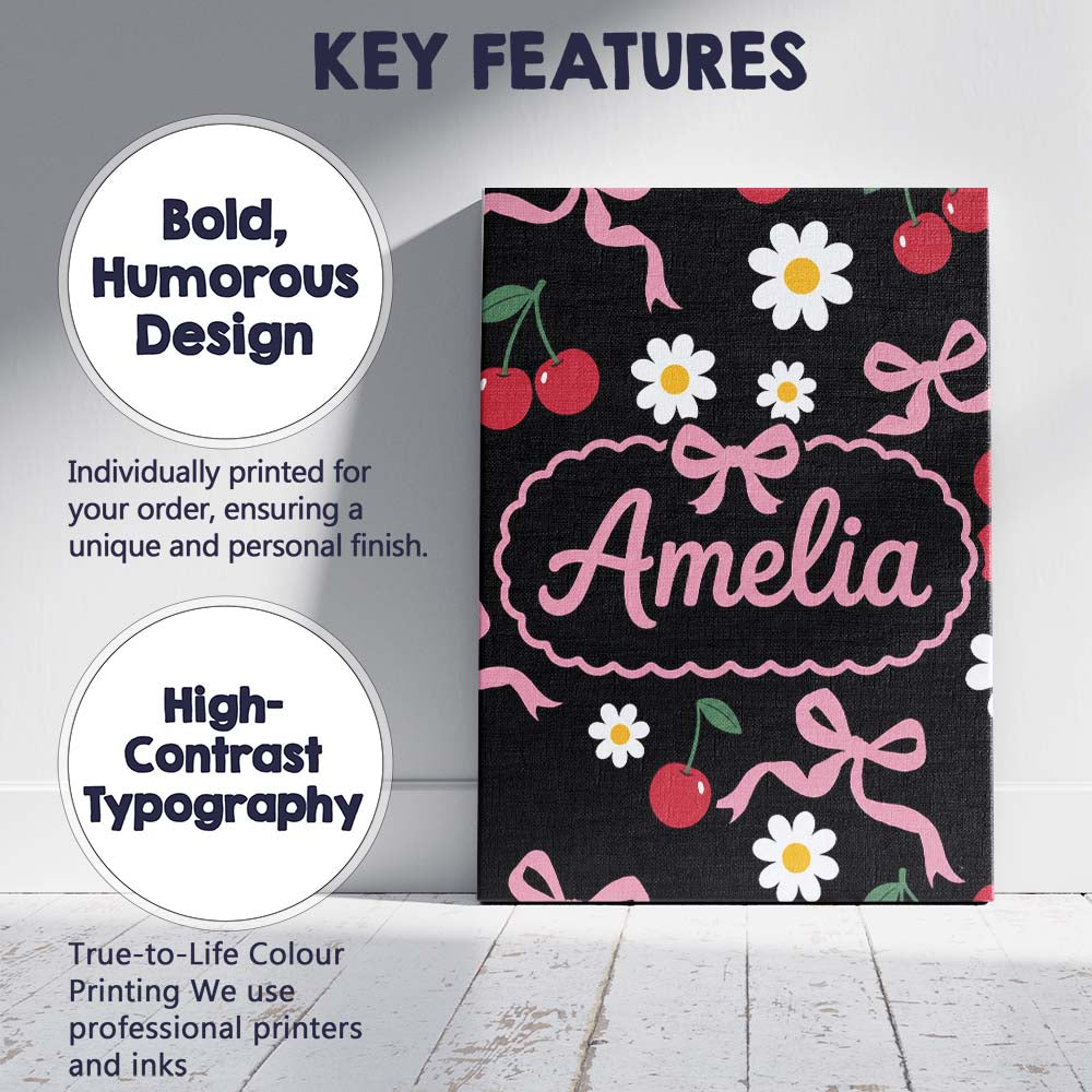 Personalised Name Cute Cherry Bow and Daisy Custom  Bespoke Interior Contemporary Canvas Wall Art Print Decor Picture Ready to Hang