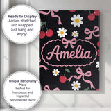Personalised Name Cute Cherry Bow and Daisy Custom  Bespoke Interior Contemporary Canvas Wall Art Print Decor Picture Ready to Hang