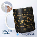 Personalized Custom Name Luxury Gold Snowflake Black Background Christmas Seamless Pattern 11oz Ceramic Coffee Tea Mug White Large Handle
