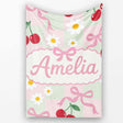 Cute Cherry Bow and Daisy Mint Gingham Seamless Pattern Lovely  Personalised Custom Name Super Soft Fleece Blanket Bed Sofa Throw