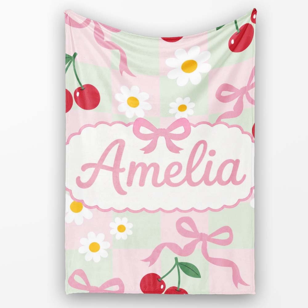 Cute Cherry Bow and Daisy Mint Gingham Seamless Pattern Lovely  Personalised Custom Name Super Soft Fleece Blanket Bed Sofa Throw