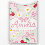 Cute Cherry Bow and Daisy Mint Gingham Seamless Pattern Lovely  Personalised Custom Name Super Soft Fleece Blanket Bed Sofa Throw
