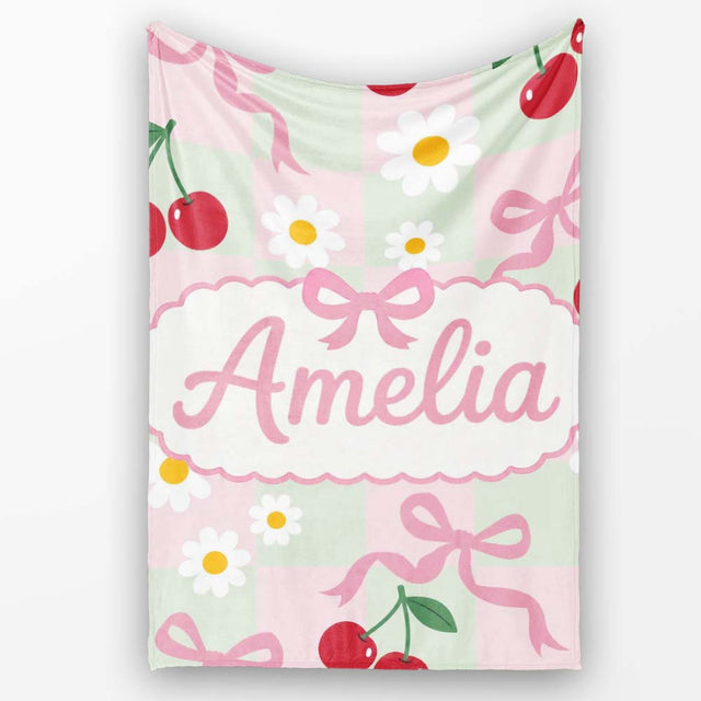 Cute Cherry Bow and Daisy Mint Gingham Seamless Pattern Lovely  Personalised Custom Name Super Soft Fleece Blanket Bed Sofa Throw