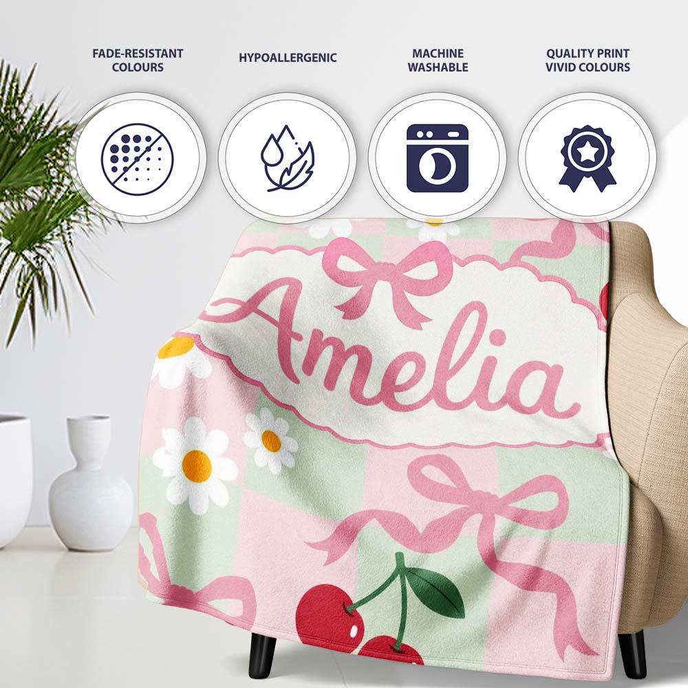 Cute Cherry Bow and Daisy Mint Gingham Seamless Pattern Lovely  Personalised Custom Name Super Soft Fleece Blanket Bed Sofa Throw