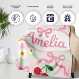 Cute Cherry Bow and Daisy Mint Gingham Seamless Pattern Lovely  Personalised Custom Name Super Soft Fleece Blanket Bed Sofa Throw