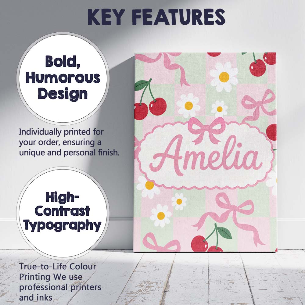 Personalised Name Cute Cherry Bow and Daisy Custom  Bespoke Interior Contemporary Canvas Wall Art Print Decor Picture Ready to Hang