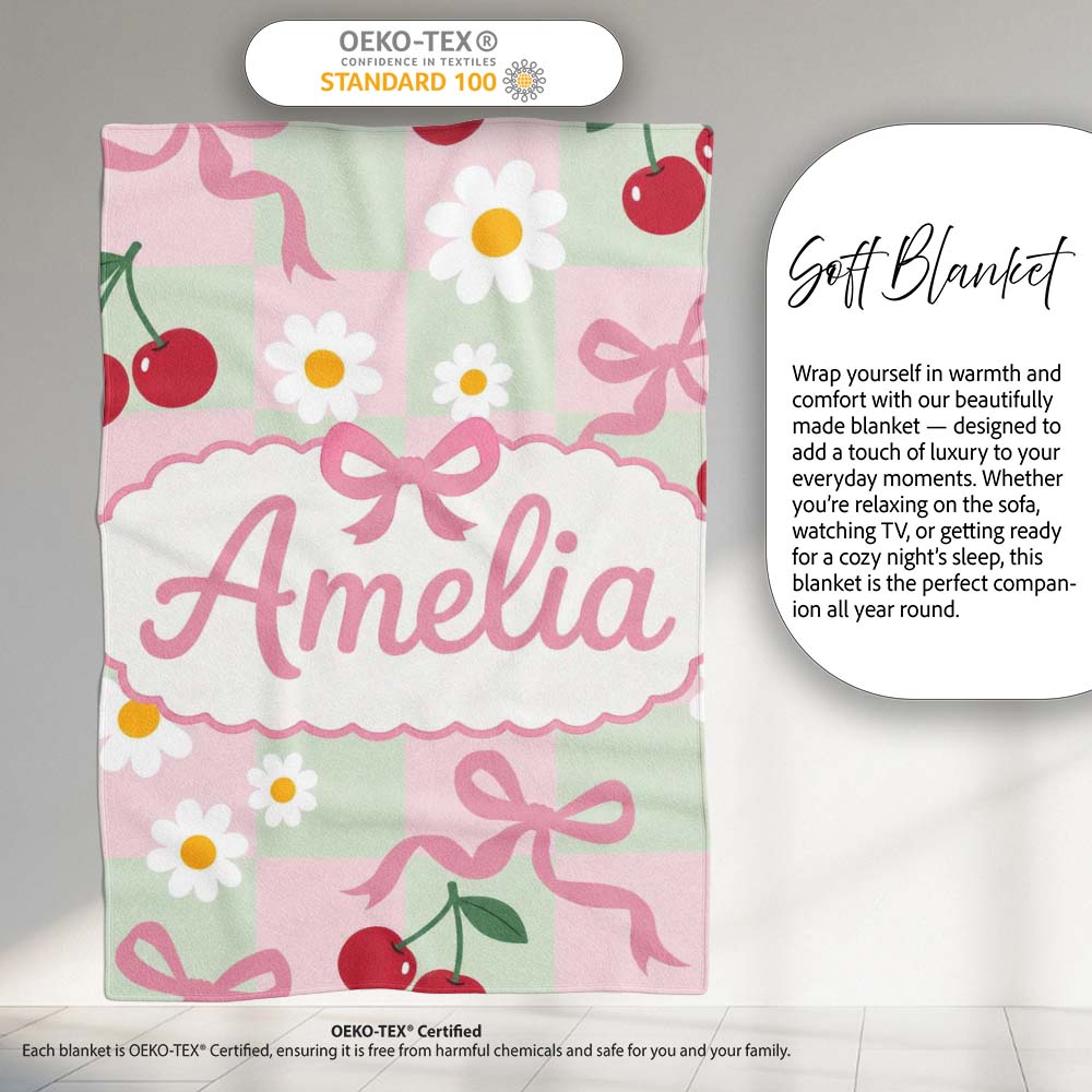Cute Cherry Bow and Daisy Mint Gingham Seamless Pattern Lovely  Personalised Custom Name Super Soft Fleece Blanket Bed Sofa Throw