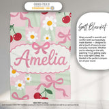Cute Cherry Bow and Daisy Mint Gingham Seamless Pattern Lovely  Personalised Custom Name Super Soft Fleece Blanket Bed Sofa Throw