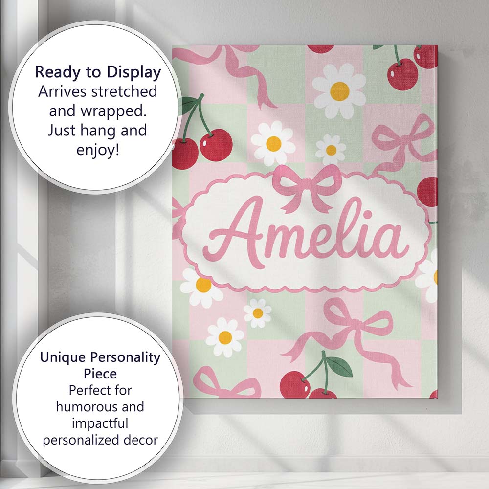 Personalised Name Cute Cherry Bow and Daisy Custom  Bespoke Interior Contemporary Canvas Wall Art Print Decor Picture Ready to Hang