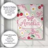 Personalised Name Cute Cherry Bow and Daisy Custom  Bespoke Interior Contemporary Canvas Wall Art Print Decor Picture Ready to Hang
