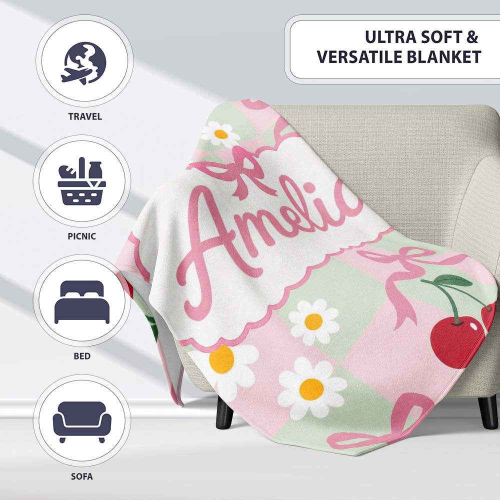 Cute Cherry Bow and Daisy Mint Gingham Seamless Pattern Lovely  Personalised Custom Name Super Soft Fleece Blanket Bed Sofa Throw