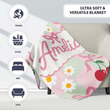 Cute Cherry Bow and Daisy Mint Gingham Seamless Pattern Lovely  Personalised Custom Name Super Soft Fleece Blanket Bed Sofa Throw