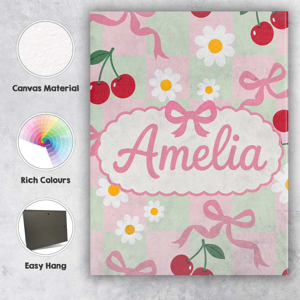 Personalised Name Cute Cherry Bow and Daisy Custom  Bespoke Interior Contemporary Canvas Wall Art Print Decor Picture Ready to Hang