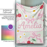 Cute Cherry Bow and Daisy Mint Gingham Seamless Pattern Lovely  Personalised Custom Name Super Soft Fleece Blanket Bed Sofa Throw