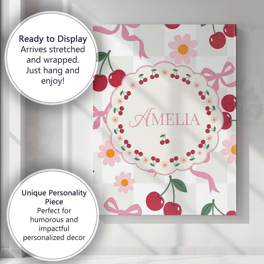 Personalised Name Cute Cherry Bow and Daisy Custom  Bespoke Interior Contemporary Canvas Wall Art Print Decor Picture Ready to Hang