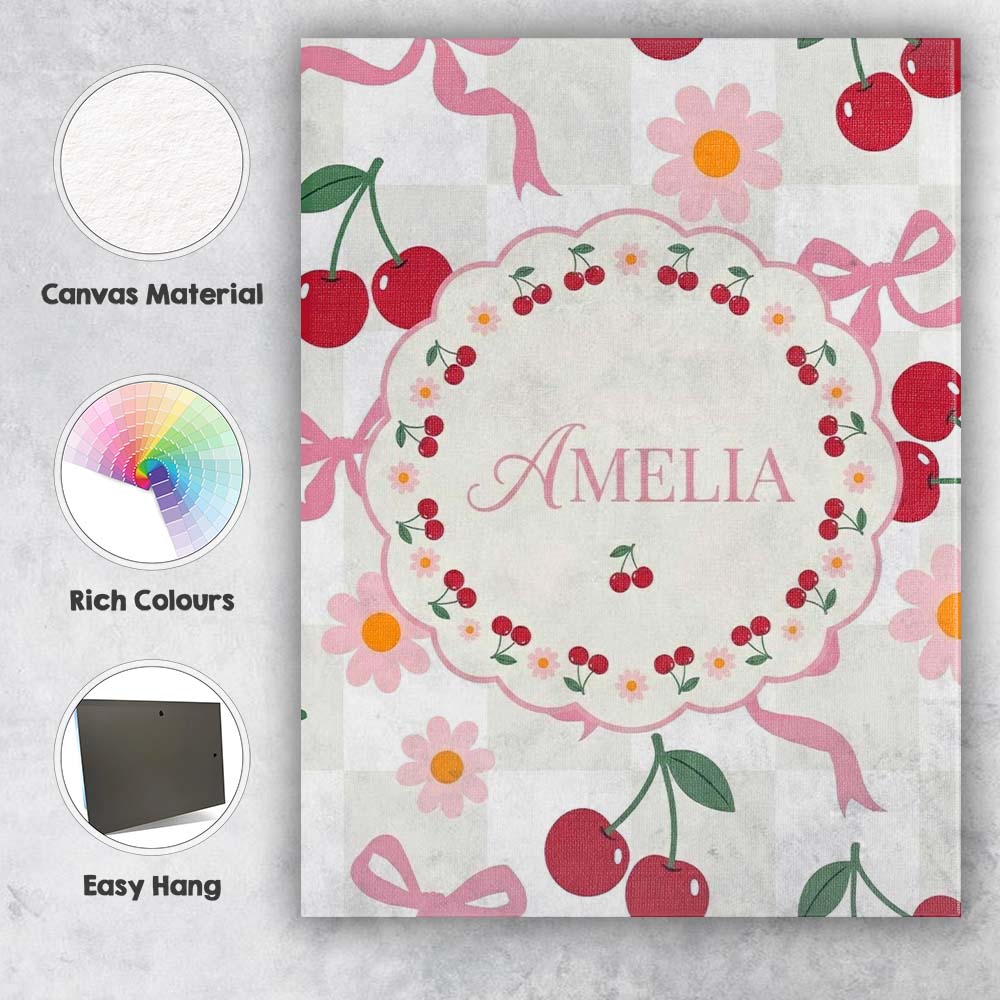 Personalised Name Cute Cherry Bow and Daisy Custom  Bespoke Interior Contemporary Canvas Wall Art Print Decor Picture Ready to Hang