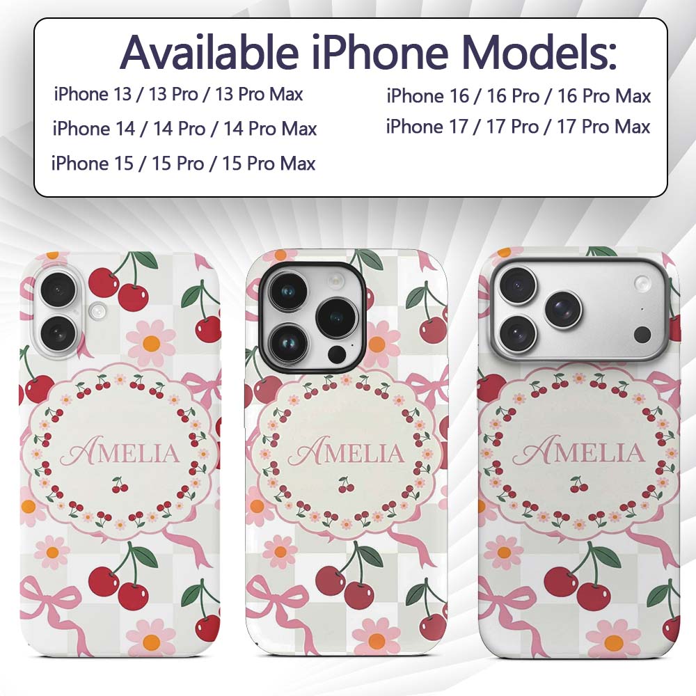 Cute Cherry Bow and Daisy Grey Gingham Seamless Custom Name Protective Phone Case Mobile Cover Durable Everyday Smartphone Shock Resistant