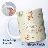 Personalized Custom Name Cute Woodland Deer Fox Mushroom Seamless Pattern on Cream Background 11oz Ceramic Coffee Tea Mug White Large Handle