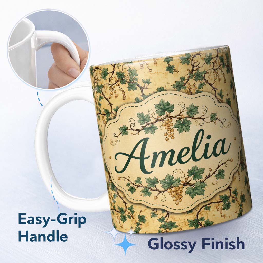 Personalized Custom Name Classic Vine Leaves and Berries Botanical Seamless Pattern Lovely 11oz Ceramic Coffee Tea Mug White Large Handle