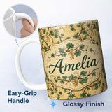 Personalized Custom Name Classic Vine Leaves and Berries Botanical Seamless Pattern Lovely 11oz Ceramic Coffee Tea Mug White Large Handle