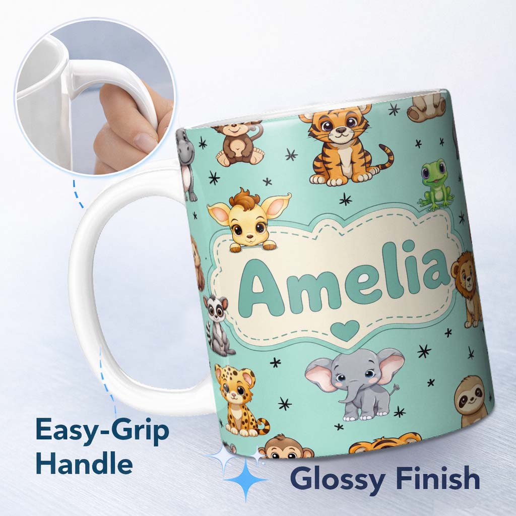 Personalized Custom Name Cute Cartoon Safari Animals with Stars on Mint Background Nursery 11oz Ceramic Coffee Tea Mug White Large Handle